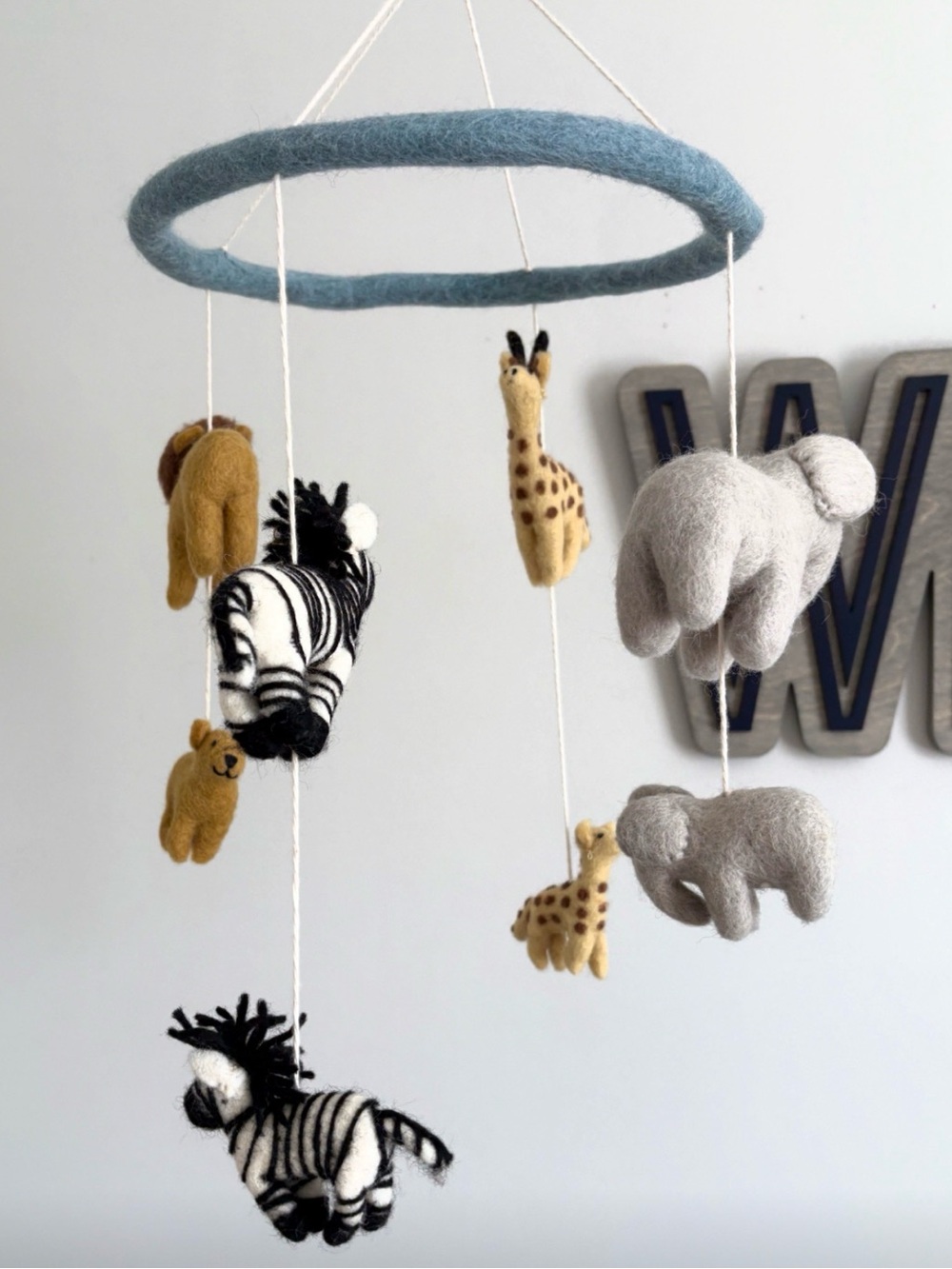 West Elm Felt Safari Mobile - Blue Ring with Gray, Yellow & Black Animals